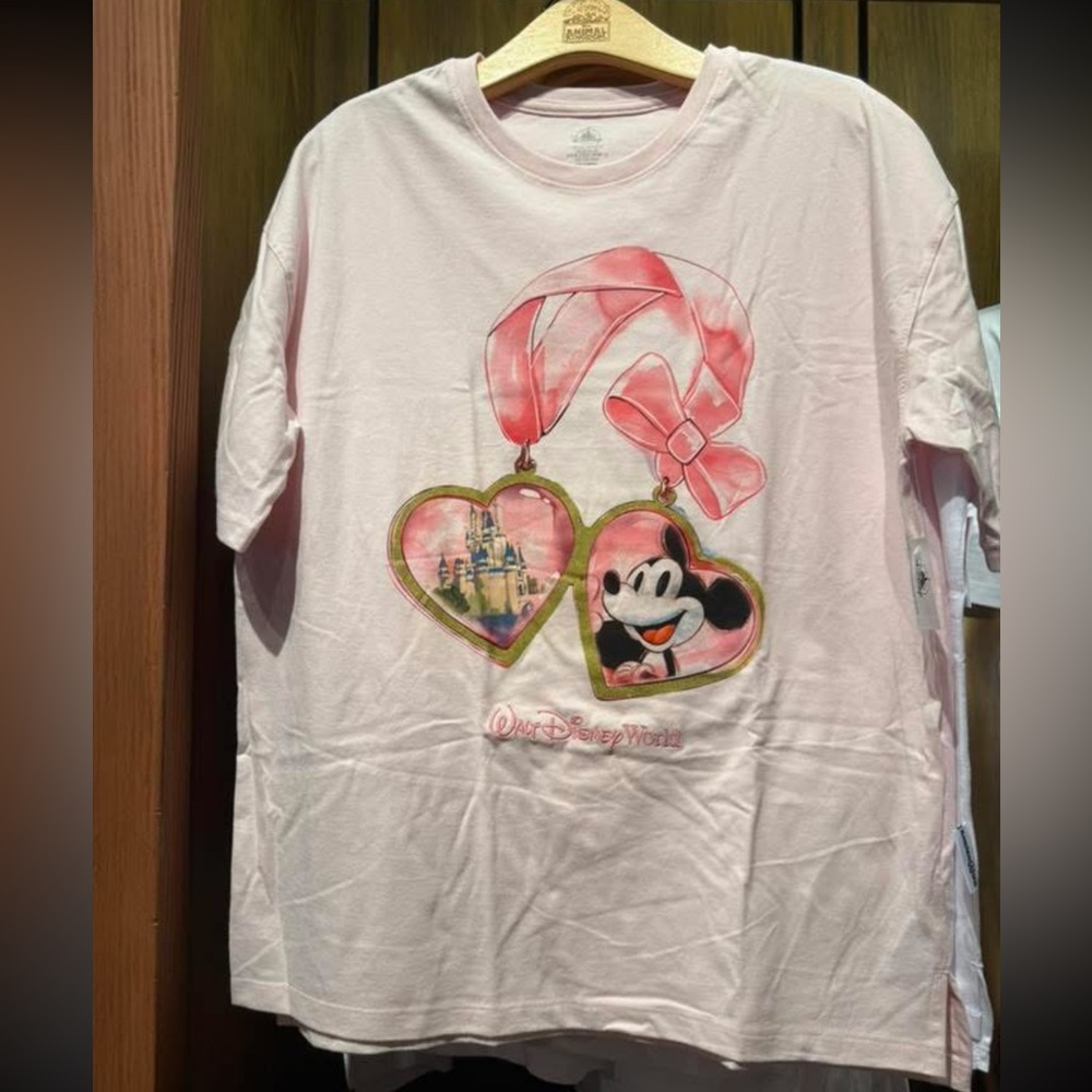 2025 Disney Parks WDW Ribbon Bow Locket Mickey Mouse Castle Pink Shirt Small NWT